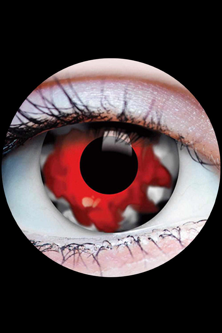 PRIMAL Dracula contact lenses, white and red blood-splatter Halloween eyes available at Little Shop of Horrors Mornington Melbourne.
