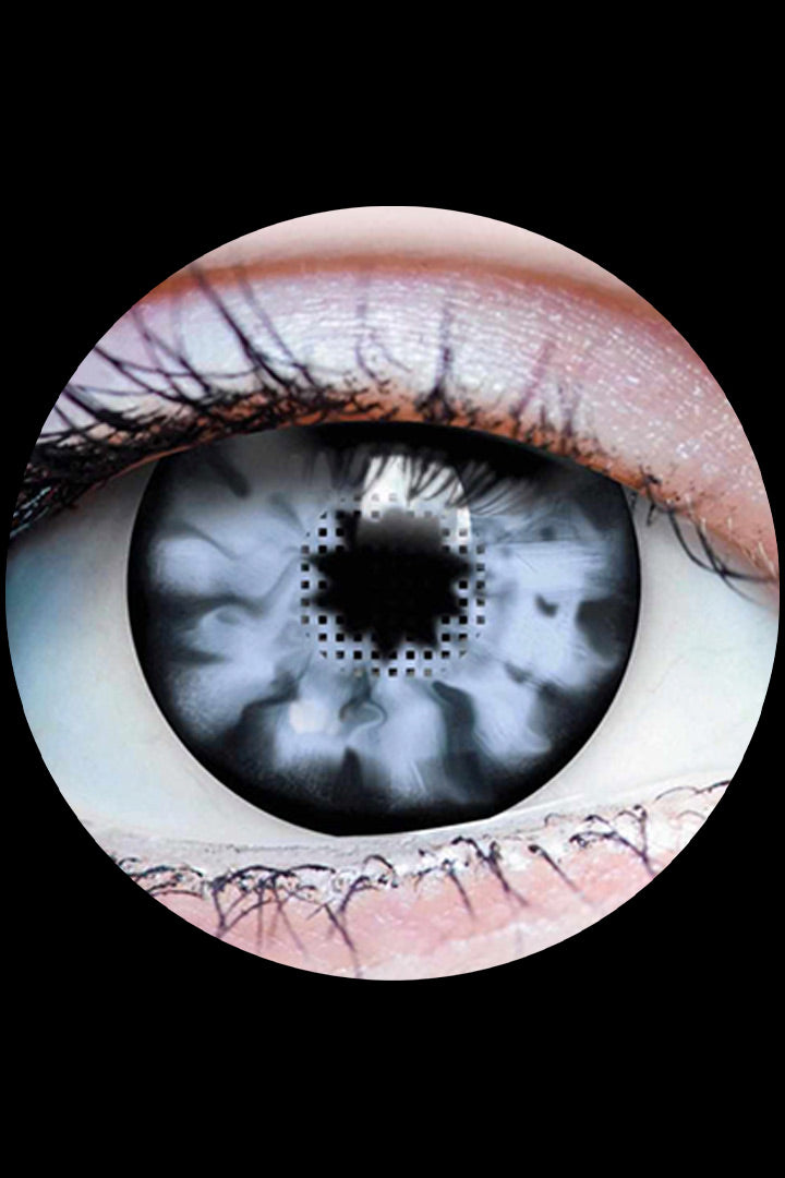 PRIMAL Drag Me to Hell contact lenses, grey and blue horror Halloween eyes available at Little Shop of Horrors Mornington Melbourne.
