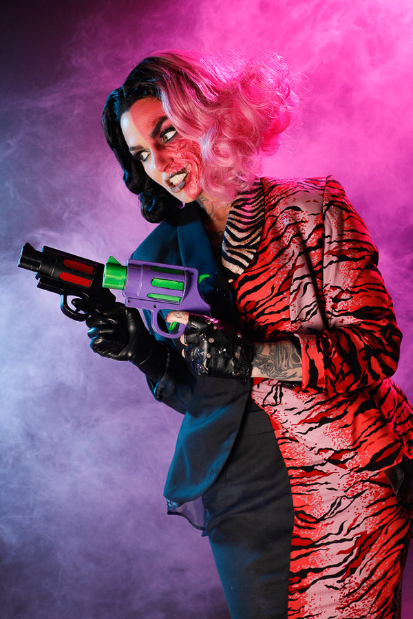 Stunning custom-tailored Duela Dent Costume Hire or Cosplay, inspired by Two Face from the 1995 movie Batman Forever. Plus Makeup and Photography. Proudly by and available at, Little Shop of Horrors Costumery 6/1 Watt Rd Mornington & Melbourne