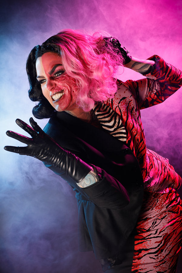 Stunning custom-tailored Duela Dent Costume Hire or Cosplay, inspired by Two Face from the 1995 movie Batman Forever. Plus Makeup and Photography. Proudly by and available at, Little Shop of Horrors Costumery 6/1 Watt Rd Mornington & Melbourne