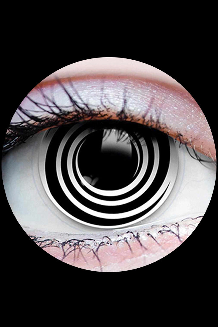 PRIMAL Freakshow contact lenses, black and white spiral Halloween eyes available at Little Shop of Horrors Mornington Melbourne.