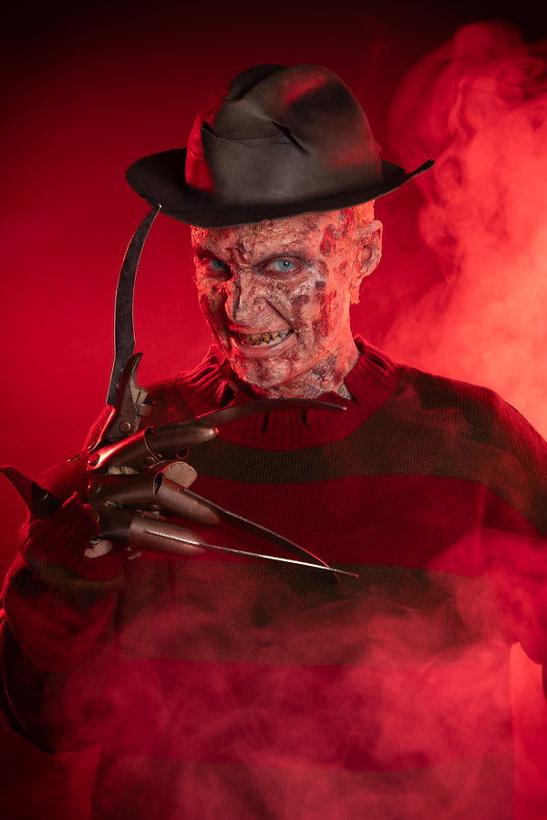 Nightmare on Elm St Freddy Krueger Halloween Costume Hire or Cosplay, plus Makeup and Photography. Proudly by and available at, Little Shop of Horrors Costumery. Costume Shop, Costume Rental & Fancy Dress 6/1 Watt Rd Mornington, Frankston & Melbourne