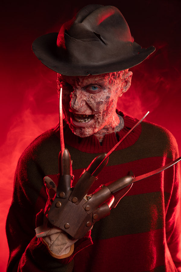 Nightmare on Elm St Freddy Krueger Halloween Costume Hire or Cosplay, plus Makeup and Photography. Proudly by and available at, Little Shop of Horrors Costumery. Costume Shop, Costume Rental & Fancy Dress 6/1 Watt Rd Mornington, Frankston & Melbourne
