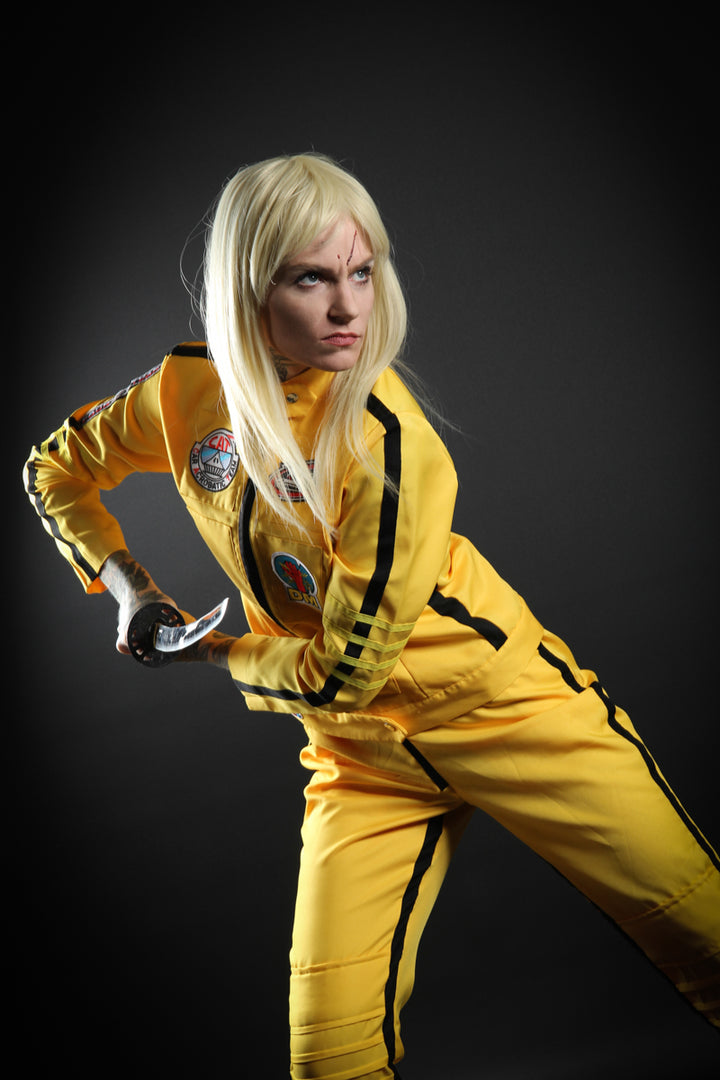 Beatrix Kiddo, The Bride. From Quentin Tarantino's epic masterpiece, Kill Bill. Costume Hire or Cosplay, plus Makeup and Photography. Proudly by and available at, Little Shop of Horrors Costumery Mornington & Melbourne.