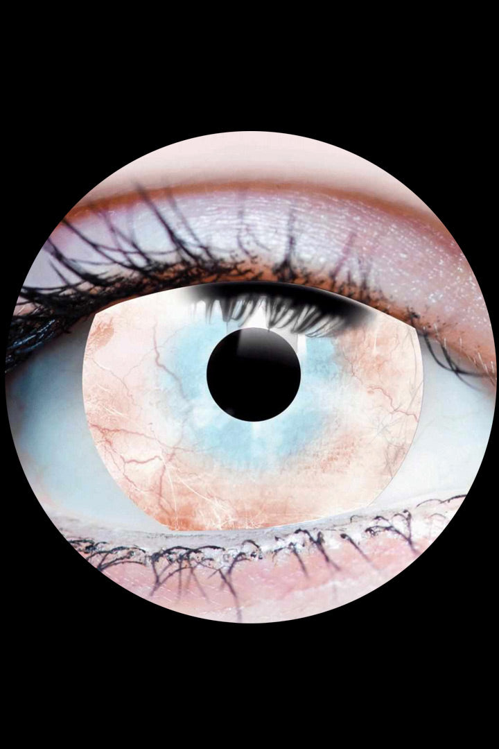 La Llorona contact lenses – eerie pale white iris with blood-red veins and blue undertones for a haunted, ghostly effect.