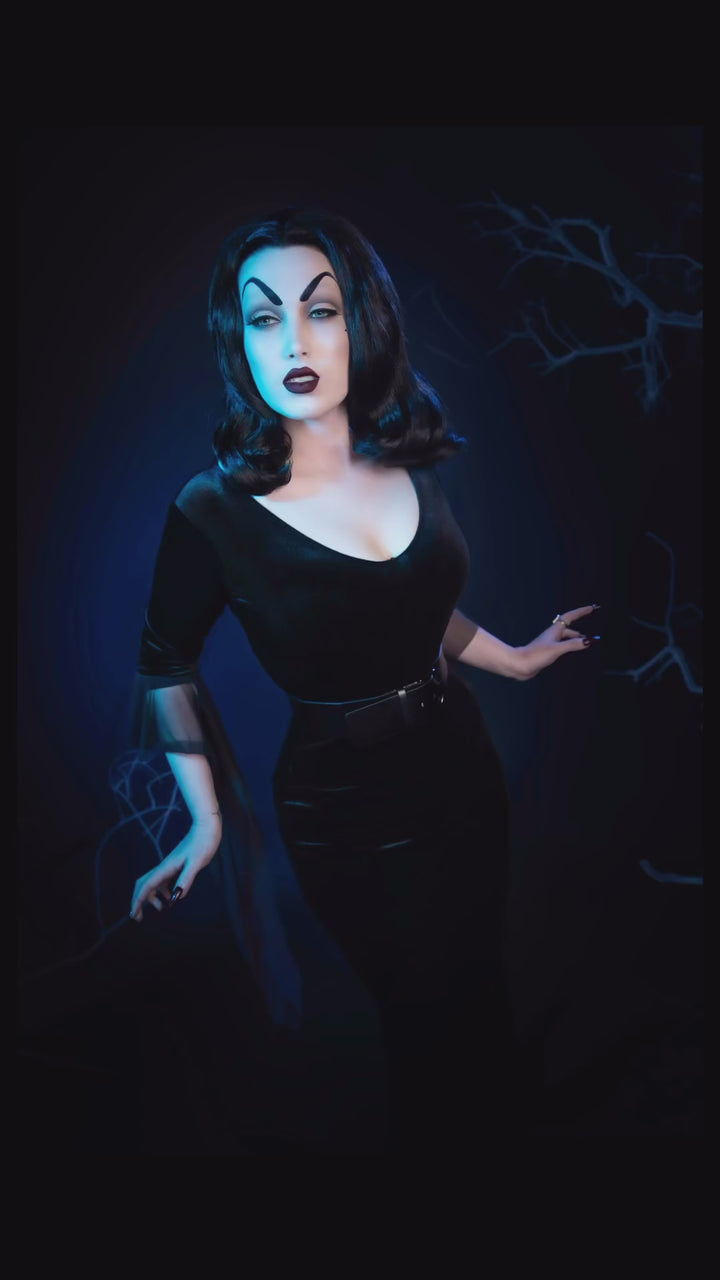 Vampira, the original glamour ghoul herself, Halloween Costume Hire or Cosplay, plus Makeup and Photography. Proudly by and available at, Little Shop of Horrors Costumery 6/1 Watt Rd Mornington & Melbourne