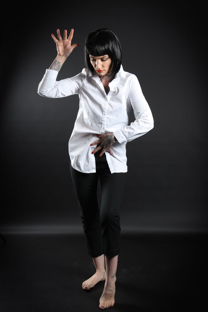 Mia Wallace From Quentin Tarantino's epic masterpiece, Pulp Fiction. Costume Hire or Cosplay, plus Makeup and Photography. Proudly by and available at, Little Shop of Horrors Costumery Mornington & Melbourne.