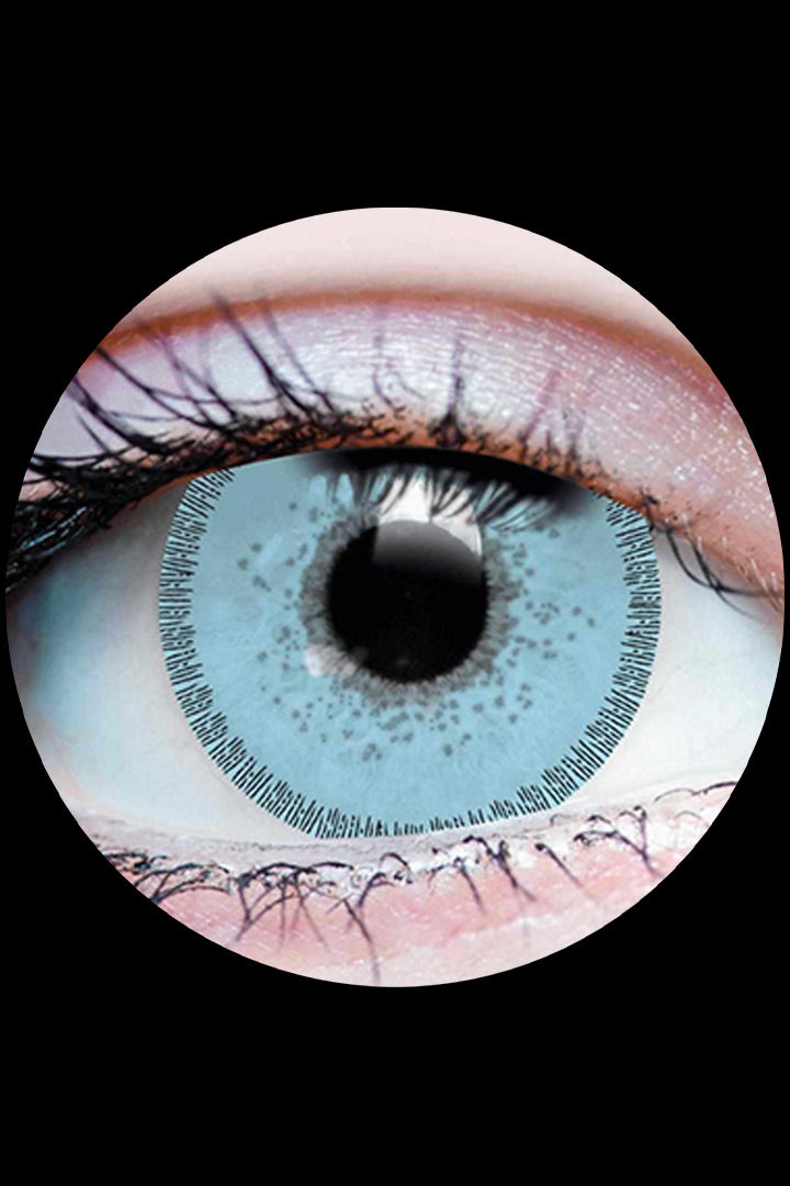 PRIMAL Sapphire Blue contact lenses, soft baby blue natural lenses available at Little Shop of Horrors Mornington Melbourne.