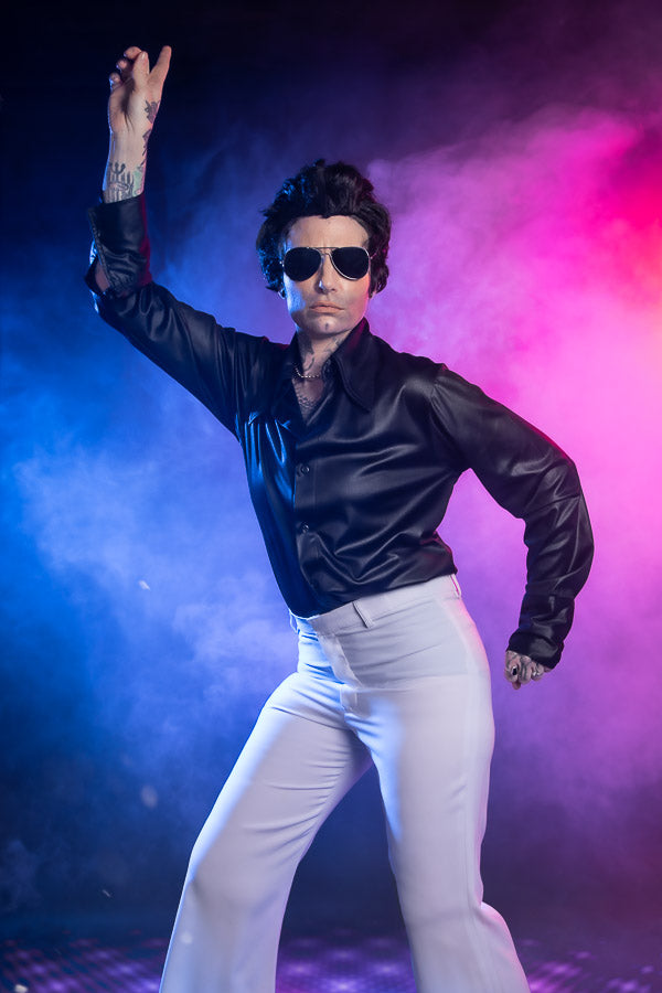 Saturday Night Fever 1970s Disco Studio 54 Costume Hire or Cosplay, plus Makeup and Photography. Proudly by and available at, Little Shop of Horrors Costumery 6/1 Watt Rd Mornington & Melbourne