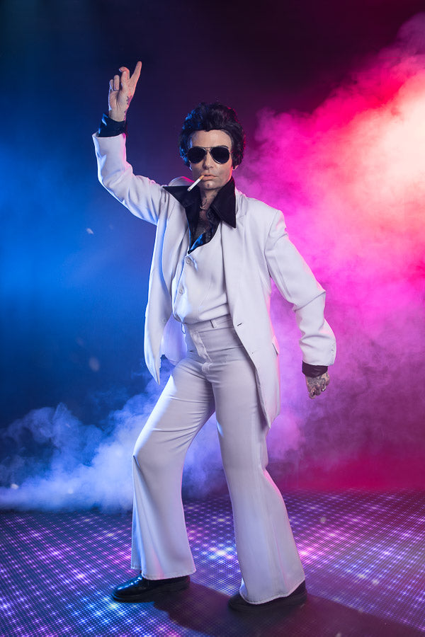 Saturday Night Fever 1970s Disco Studio 54 Costume Hire or Cosplay, plus Makeup and Photography. Proudly by and available at, Little Shop of Horrors Costumery 6/1 Watt Rd Mornington & Melbourne