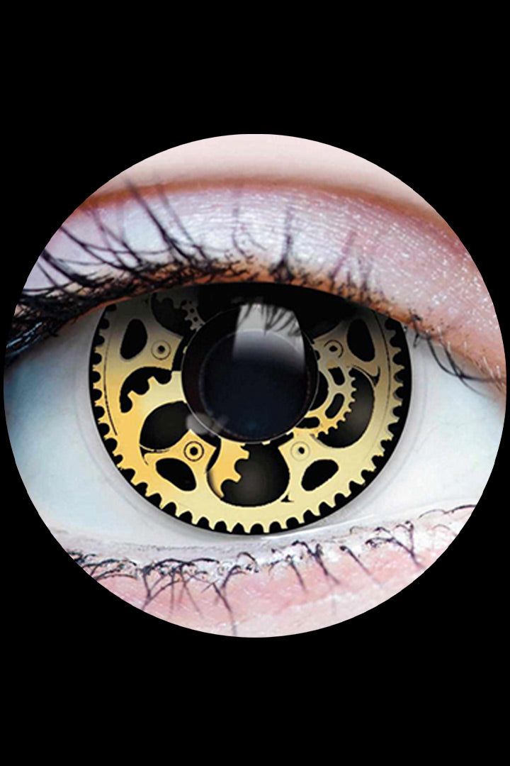 PRIMAL Steampunk contact lenses, gold gearwork FX eyes available at Little Shop of Horrors Mornington Melbourne.