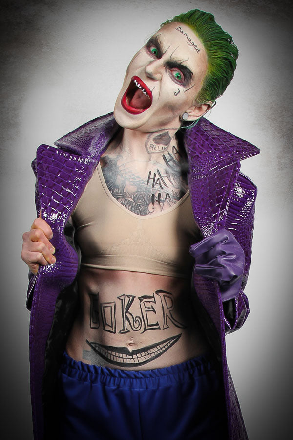 Suicide Squad Joker Costume Hire or Cosplay, plus Makeup and Photography. Proudly by and available at, Little Shop of Horrors Costumery 6/1 Watt Rd Mornington & Melbourne