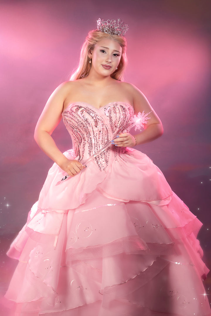 Wicked Glinda Costume Hire & Cosplay, with Lace Front Wig, Tiara, Wand, Makeup and Photography. By Little Shop of Horrors Costumery & Pop-Culture Emporium. Mornington Frankston  Melbourne Australia
