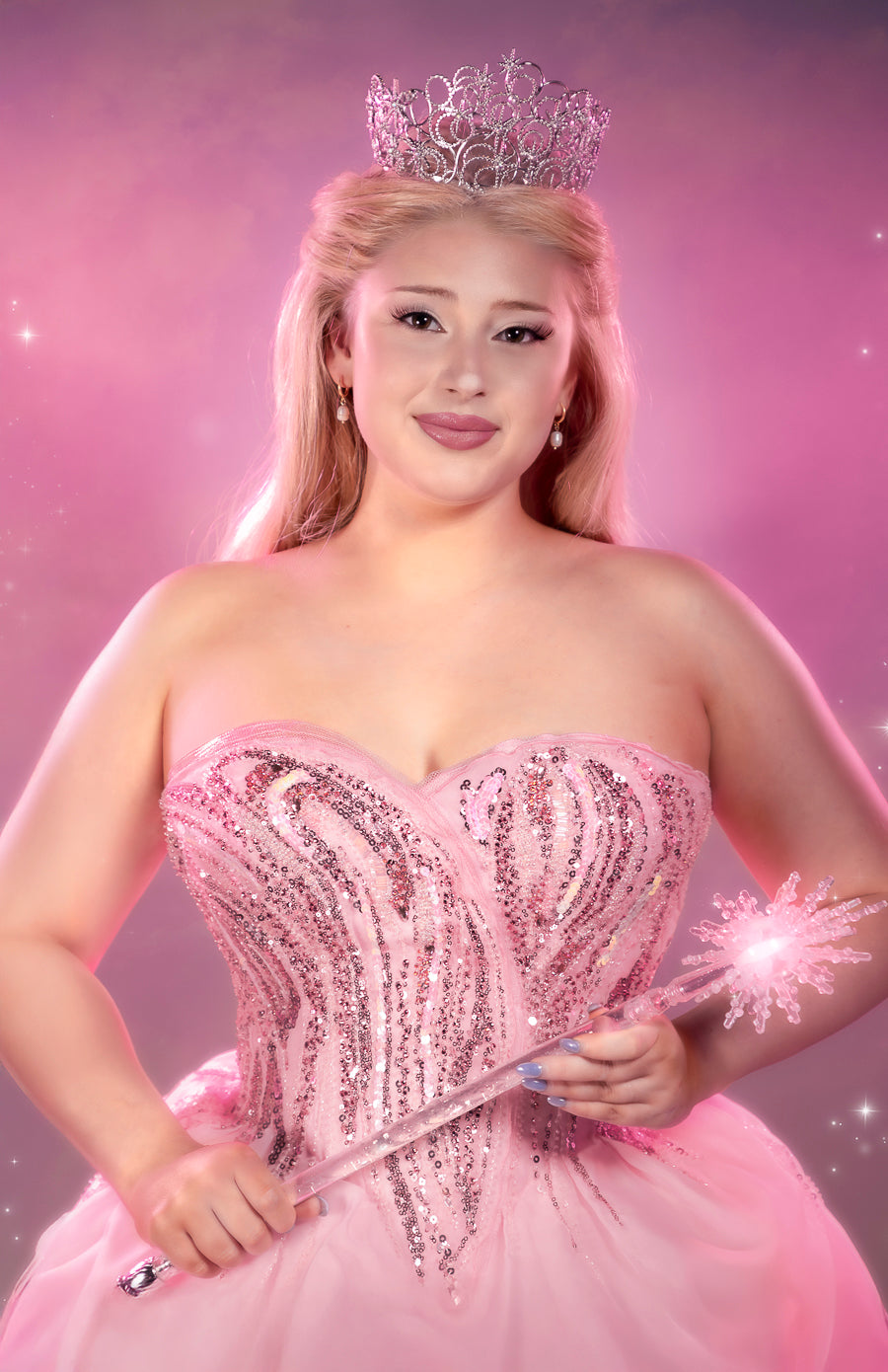 Wicked Glinda Costume Hire & Cosplay, with Lace Front Wig, Tiara, Wand, Makeup and Photography. By Little Shop of Horrors Costumery & Pop-Culture Emporium. Mornington Frankston  Melbourne Australia
