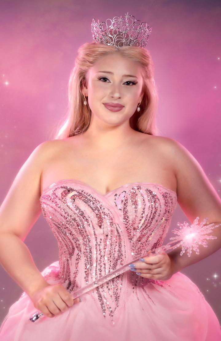 Wicked Glinda Costume Hire & Cosplay, with Lace Front Wig, Tiara, Wand, Makeup and Photography. By Little Shop of Horrors Costumery & Pop-Culture Emporium. Mornington Frankston  Melbourne Australia
