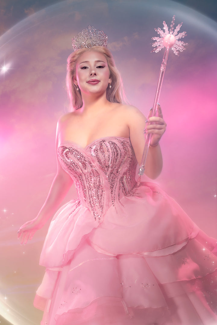 Wicked Glinda Costume Hire & Cosplay, with Lace Front Wig, Tiara, Wand, Makeup and Photography. By Little Shop of Horrors Costumery & Pop-Culture Emporium. Mornington Frankston  Melbourne Australia
