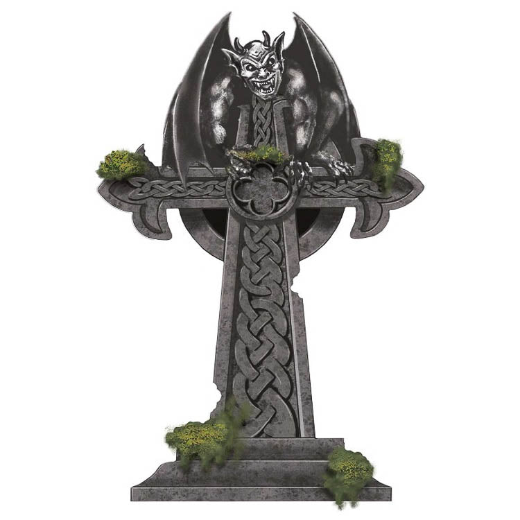 Graveyard Tombstone: Mossy Cross with Gargoyle - Little Shop of Horrors