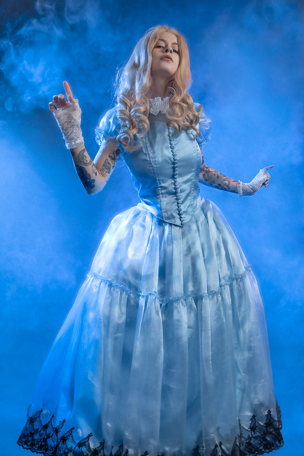 Alice in Wonderland, inspired by Tim Burton. Costume Hire or Cosplay, plus Makeup and Photography. Proudly by and available at, Little Shop of Horrors Costumery Mornington & Melbourne.