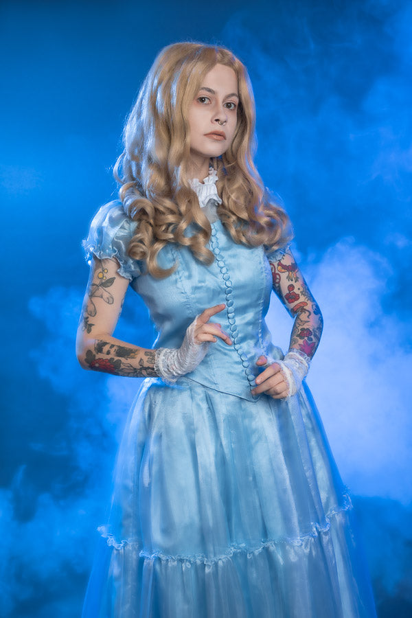 Alice in Wonderland, inspired by Tim Burton. Costume Hire or Cosplay, plus Makeup and Photography. Proudly by and available at, Little Shop of Horrors Costumery Mornington & Melbourne.