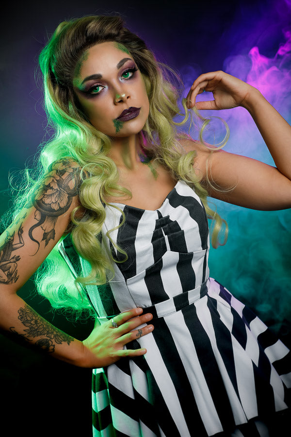 Beetlejuice Ladies costume, inspired by the Tim Burton Classic, Costume Hire or Cosplay, plus Makeup and Photography. Proudly by and available at, Little Shop of Horrors Costumery 6/1 Watt Rd Mornington & Melbourne