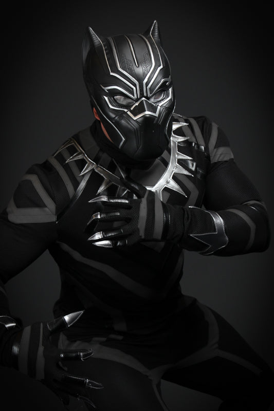 Black Panther from the Avengers Costume Hire or Cosplay, plus Makeup and Photography. Proudly by and available at, Little Shop of Horrors Costumery 6/1 Watt Rd Mornington & Melbourne