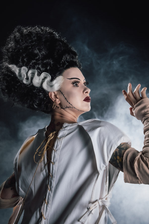 Bride of Frankenstein Costume Hire or Cosplay & Wig, plus Makeup and Photography. Proudly by and available at, Little Shop of Horrors Costumery 6/1 Watt Rd Mornington & Melbourne