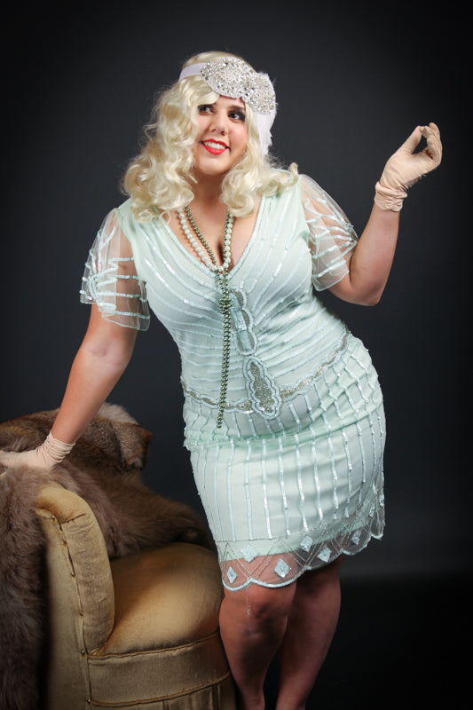 Mississippi Belle, Stunning 1920s Dress Mint Green with Sequins Costume Hire, plus Makeup and Photography. Proudly by and available at, Little Shop of Horrors Costumery 6/1 Watt Rd Mornington & Melbourne.