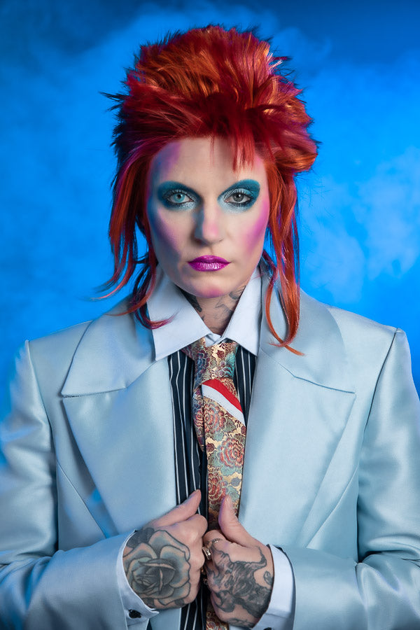 Exquisite Replica David Bowie Life on Mars Costume Hire or Cosplay, plus Makeup and Photography. Proudly by and available at, Little Shop of Horrors Costumery 6/1 Watt Rd Mornington & Melbourne