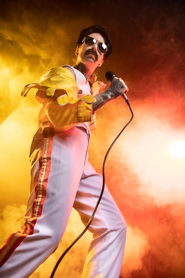 Queen Freddie Mercury 1970s Rock Icon Costume Hire, plus Makeup and Photography. Proudly by and available at, Little Shop of Horrors Costumery 6/1 Watt Rd Mornington & Melbourne