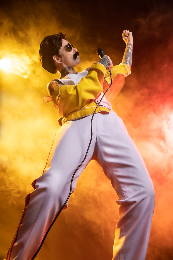 Queen Freddie Mercury 1970s Rock Icon Costume Hire, plus Makeup and Photography. Proudly by and available at, Little Shop of Horrors Costumery 6/1 Watt Rd Mornington & Melbourne