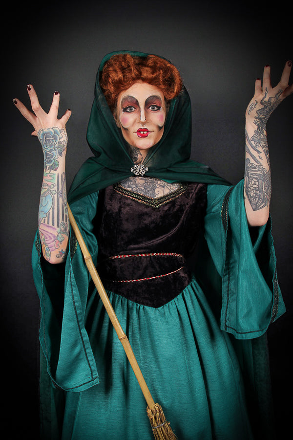 Hocus Pocus Winnifred Sanderson Halloween Costume Hire or Cosplay, plus Makeup and Photography. Proudly by and available at, Little Shop of Horrors Costumery 6/1 Watt Rd Mornington & Melbourne