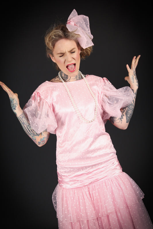 Pink 1980s Prom Dress Costume Hire or Cosplay, plus Makeup and Photography. Proudly by and available at, Little Shop of Horrors Costumery 6/1 Watt Rd Mornington & Melbourne
