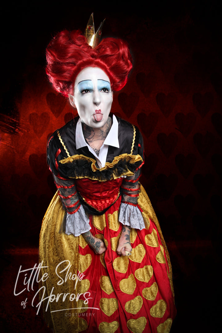 Queen of Hearts or Red Queen, from Tim Burton's Alice in Wonderland Costume Hire or Cosplay, plus Makeup and Photography. Proudly by and available at, Little Shop of Horrors Costumery 6/1 Watt Rd Mornington & Melbourne.