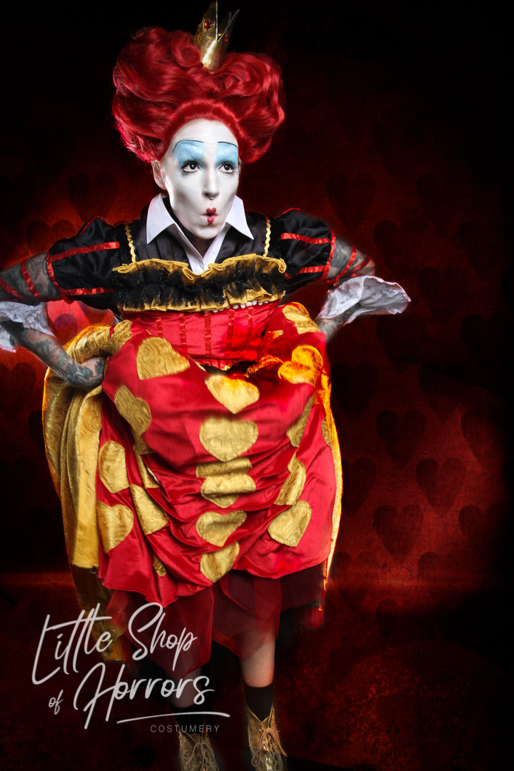 Queen of Hearts or Red Queen, from Tim Burton's Alice in Wonderland Costume Hire or Cosplay, plus Makeup and Photography. Proudly by and available at, Little Shop of Horrors Costumery 6/1 Watt Rd Mornington & Melbourne.