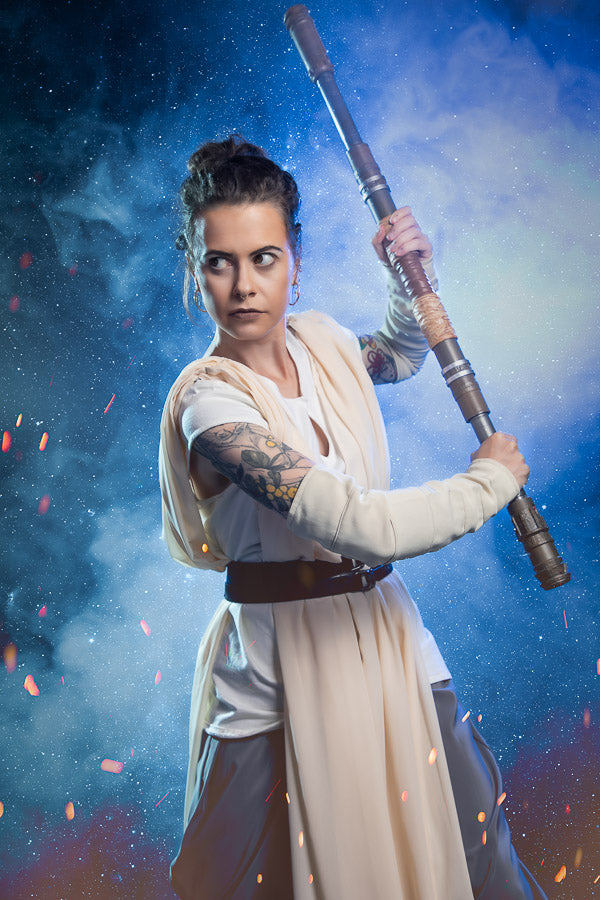 Star Wars Rey Costume Hire or Cosplay, plus Makeup and Photography. Proudly by and available at, Little Shop of Horrors Costumery 6/1 Watt Rd Mornington & Melbourne