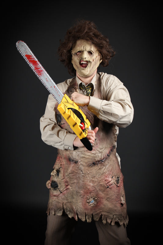 Texas Chainsaw Massacre Leatherface Halloween Costume Hire or Cosplay, plus Makeup and Photography. Proudly by and available at, Little Shop of Horrors Costumery 6/1 Watt Rd Mornington & Melbourne www.littleshopofhorrors.com.au