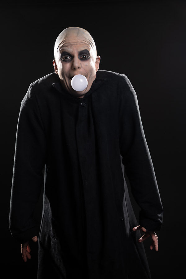 The Addams Family & Wednesday Uncle Fester Halloween Costume Hire or Cosplay, plus Makeup and Photography. Proudly by and available at, Little Shop of Horrors Costumery Mornington, Frankston & Melbourne
