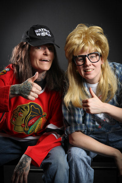 Waynes World Wayne & Garth 1990s Costume Hire or Cosplay, plus Makeup and Photography. Proudly by and available at, Little Shop of Horrors Costumery Mornington, Frankston & Melbourne